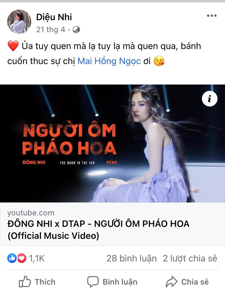 Vào thời điểm ca khúc Người Ôm Pháo Hoa của Đông Nhi ra mắt, Diệu Nhi đã chia sẻ về trang cá nhân kèm lời khen ngợi.