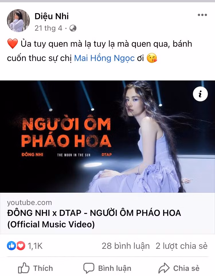 Vào thời điểm ca khúc Người Ôm Pháo Hoa của Đông Nhi ra mắt, Diệu Nhi đã chia sẻ về trang cá nhân kèm lời khen ngợi.
