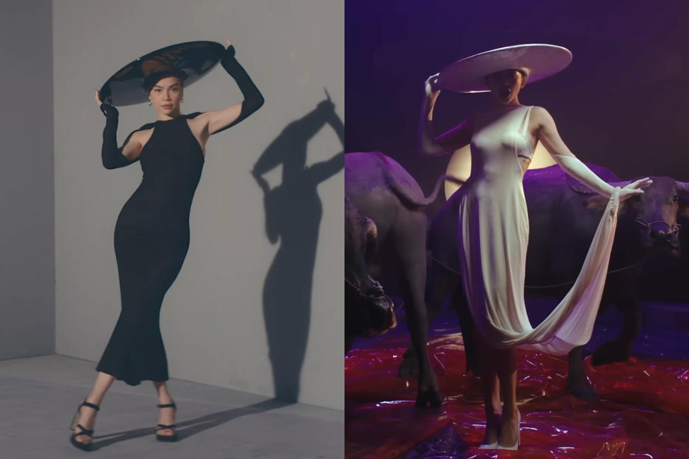 Cả Tóc Tiên và Hồ Ngọc Hà đều diện cùng một phụ kiện, cùng một kiểu trang phục, chỉ khác nhau về màu sắc.