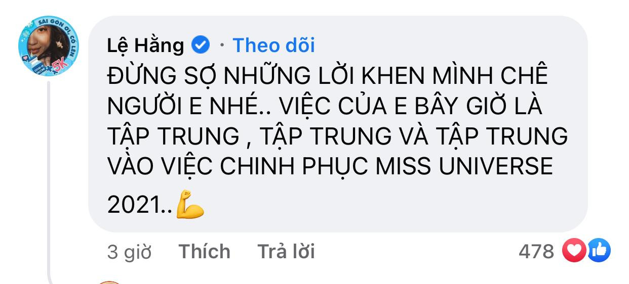 Á hậu Lệ Hằng - đại diện Việt Nam tại Miss Universe 2016 cũng gửi lời động viên đến đàn em.