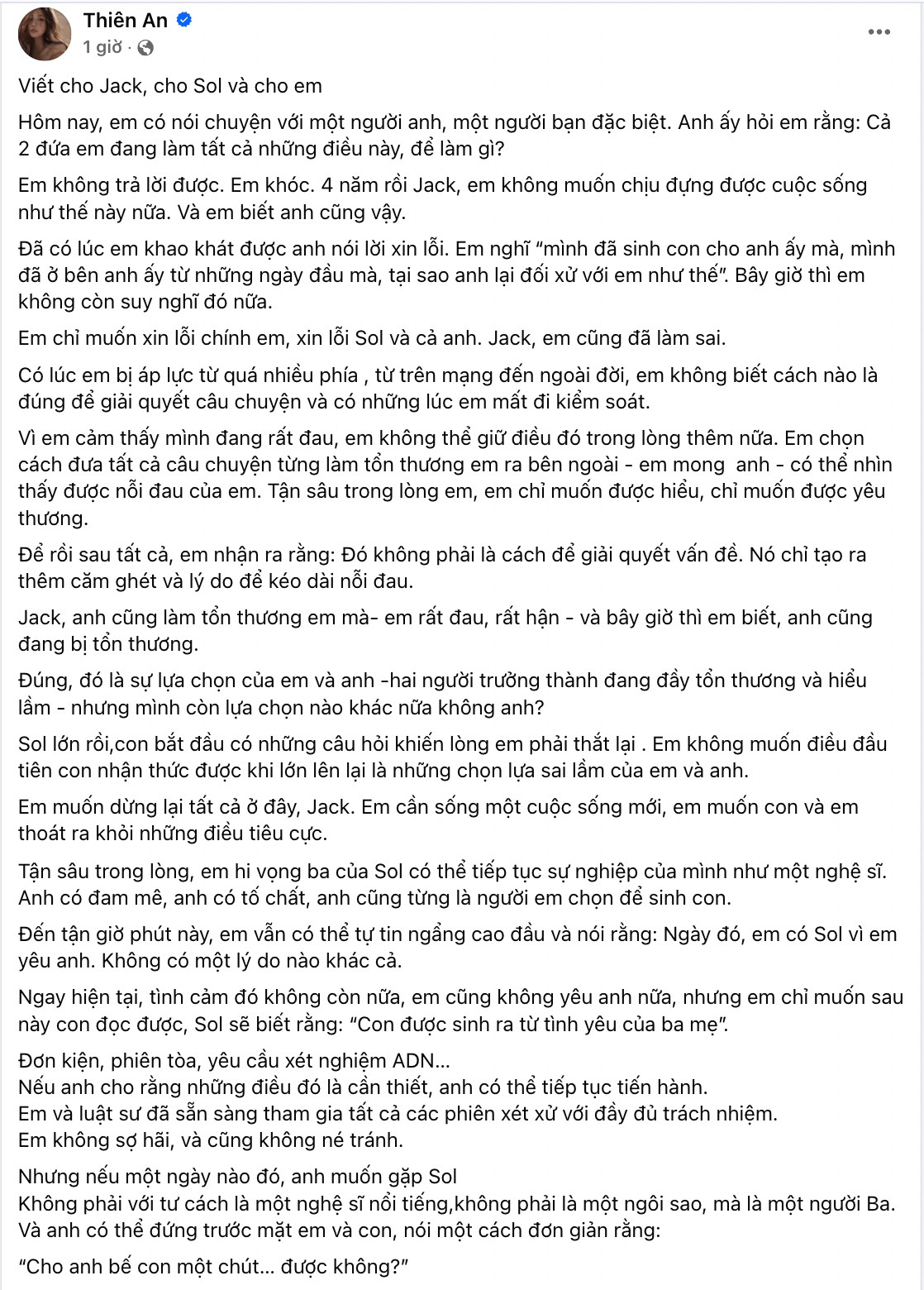 Nguyên văn chia sẻ gây xôn xao của Thiên An sau nhiều ngày im lặng.