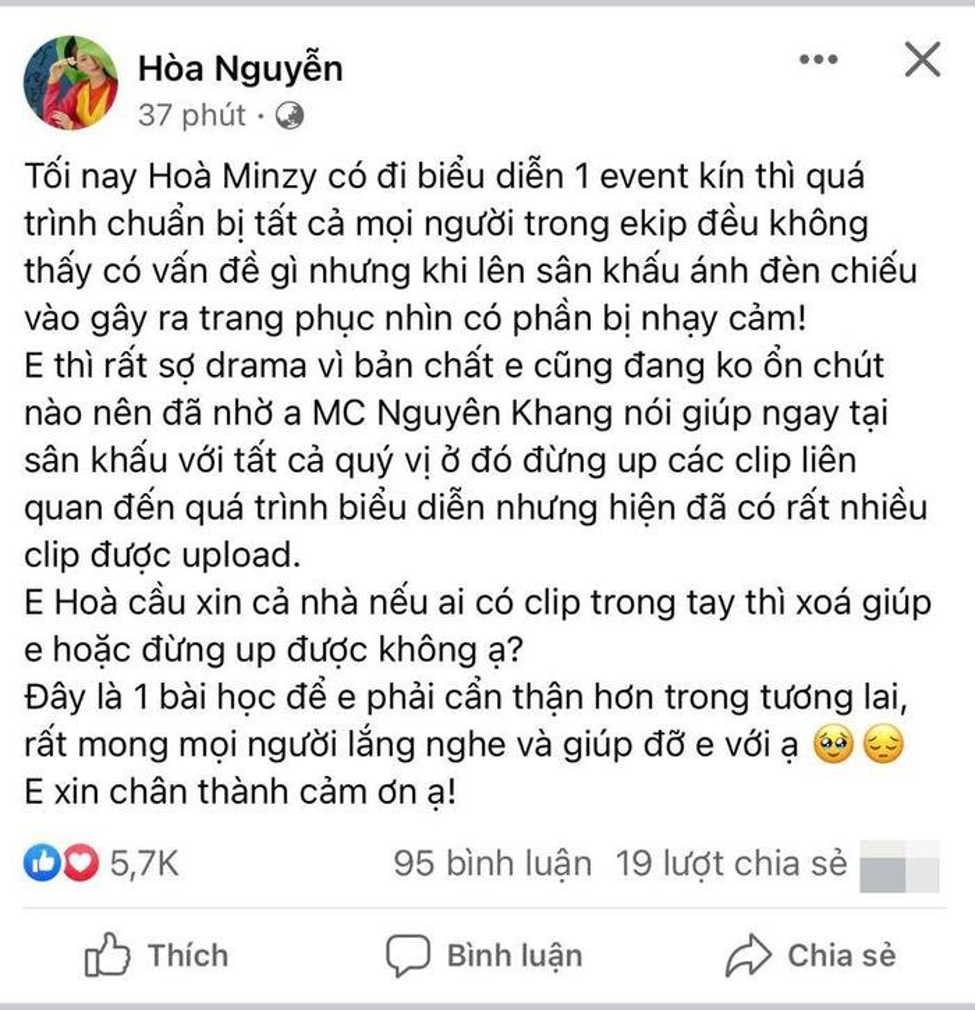 Nguyên văn bài đăng của Hoà Minzy về sự cố trang phục khi tham dự sự kiện.