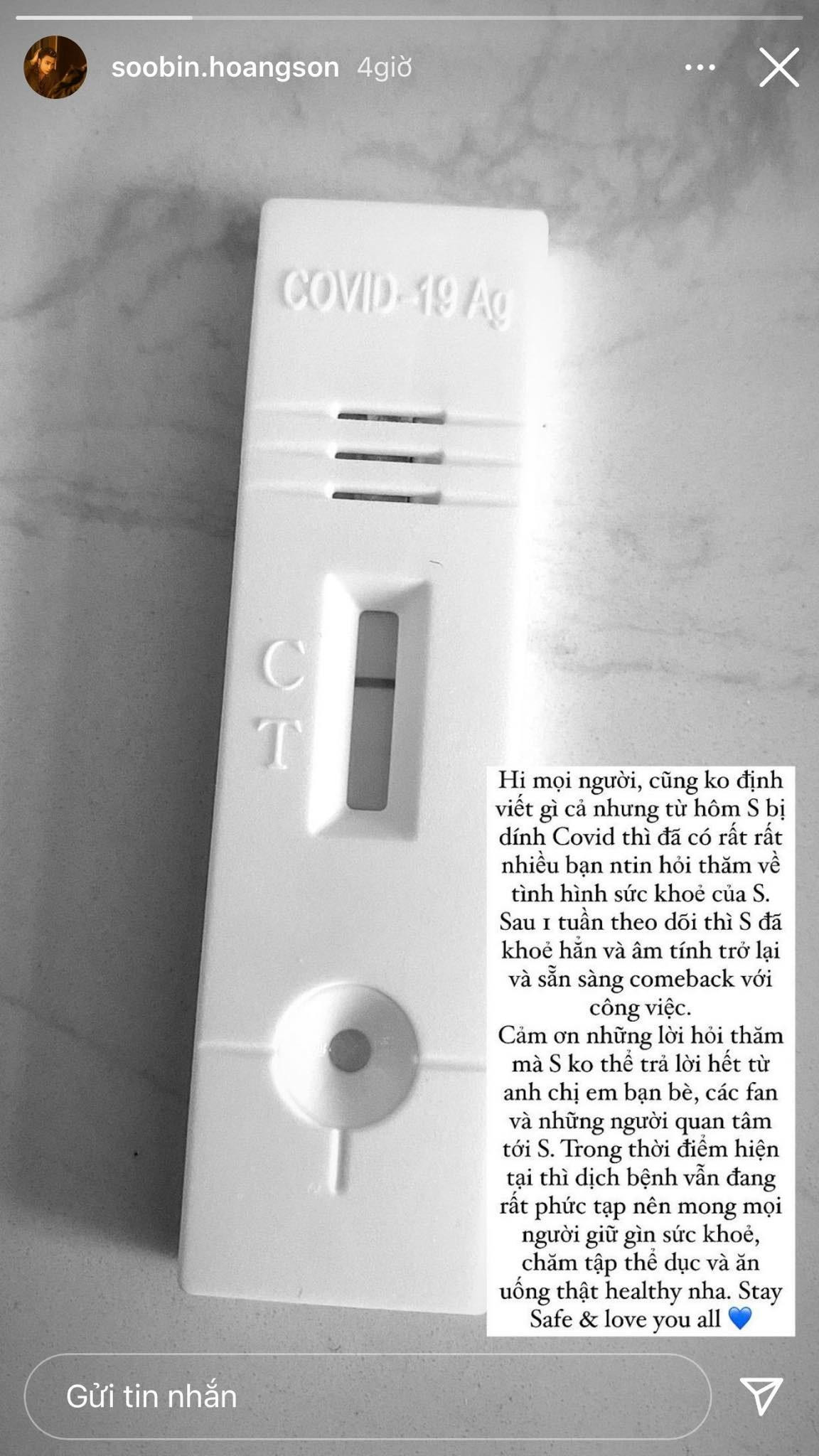 Soobin Hoàng Sơn đã âm tính sau 1 tuần cách ly điều trị.