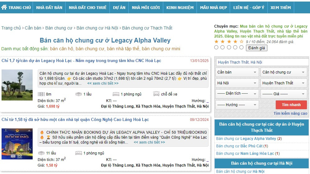 Một số website và các trang mạng xã hội đăng tải thông tin chào bán căn hộ dự án Legacy Alpha Valley trong Khu công nghệ cao Hòa Lạc. Ảnh chụp màn hình. Một số website và các trang mạng xã hội đăng tải thông tin chào bán căn hộ dự án Legacy Alpha Valley trong Khu công nghệ cao Hòa Lạc. Ảnh chụp màn hình.