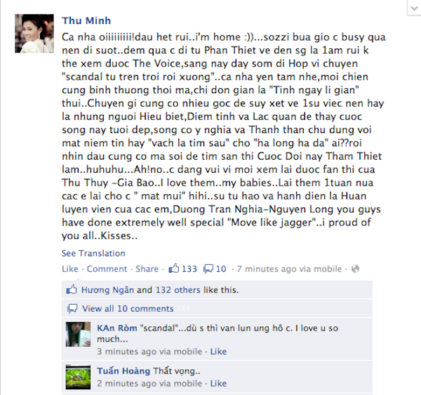Thu Minh chia sẻ về scandal của The Voice trên trang cá nhân (ảnh chụp màn hình)