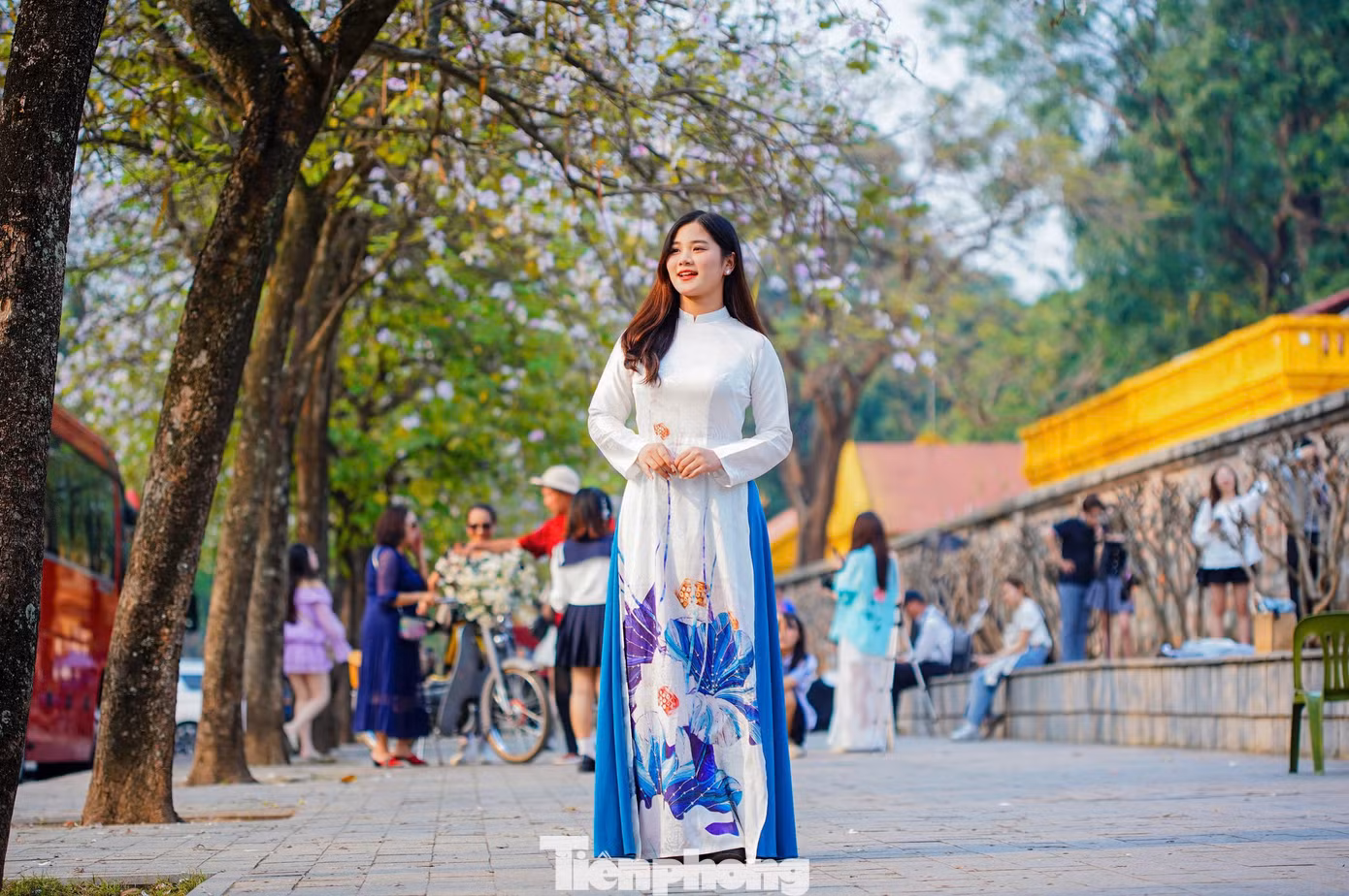 Đầu giờ chiều, rất đông người đổ về đường Hoàng Diệu (quận Ba Đình), đoạn đối diện Đài tưởng niệm Bắc Sơn, để chụp ảnh hoa ban. Đây là khu vực có đường hoa ban được mệnh danh đẹp nhất Hà Nội.