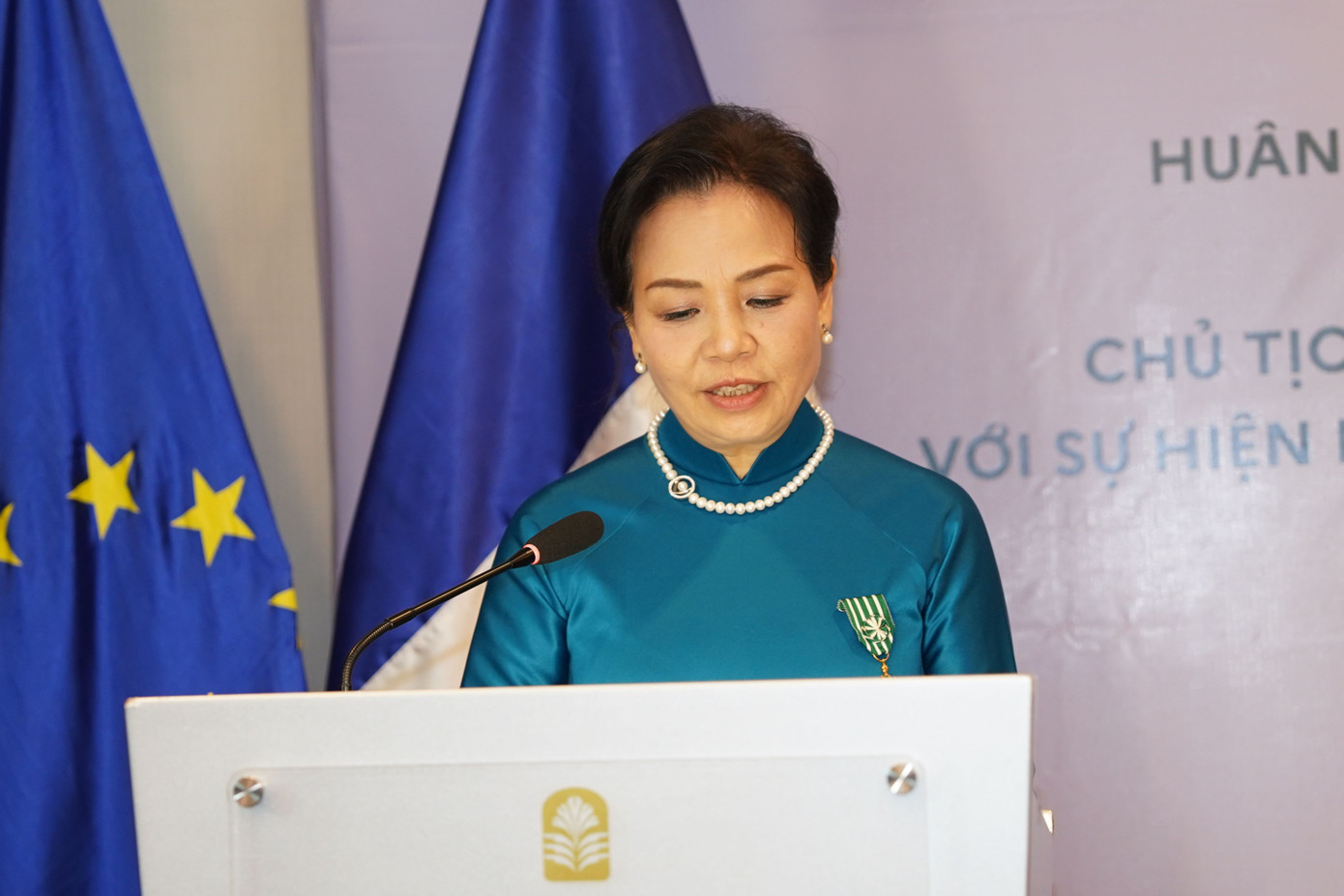 TS. Ngô Phương Lan xúc động khi được trao tặng Huân chương Văn học và Nghệ thuật bậc sĩ quan của Pháp.