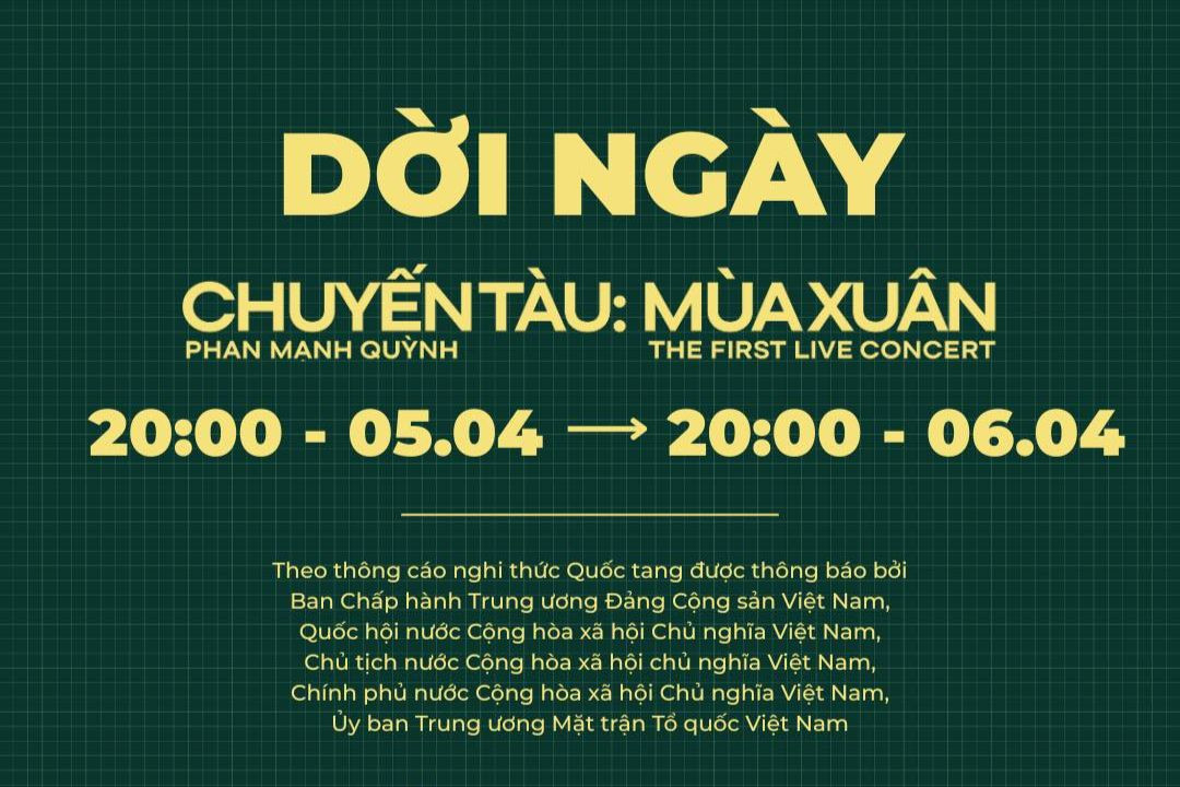 Thông báo dời ngày thực hiện live concert Chuyến tàu: Mùa xuân của ca-nhạc sĩ Phan Mạnh Quỳnh. Thông báo dời ngày thực hiện live concert Chuyến tàu: Mùa xuân của ca-nhạc sĩ Phan Mạnh Quỳnh.