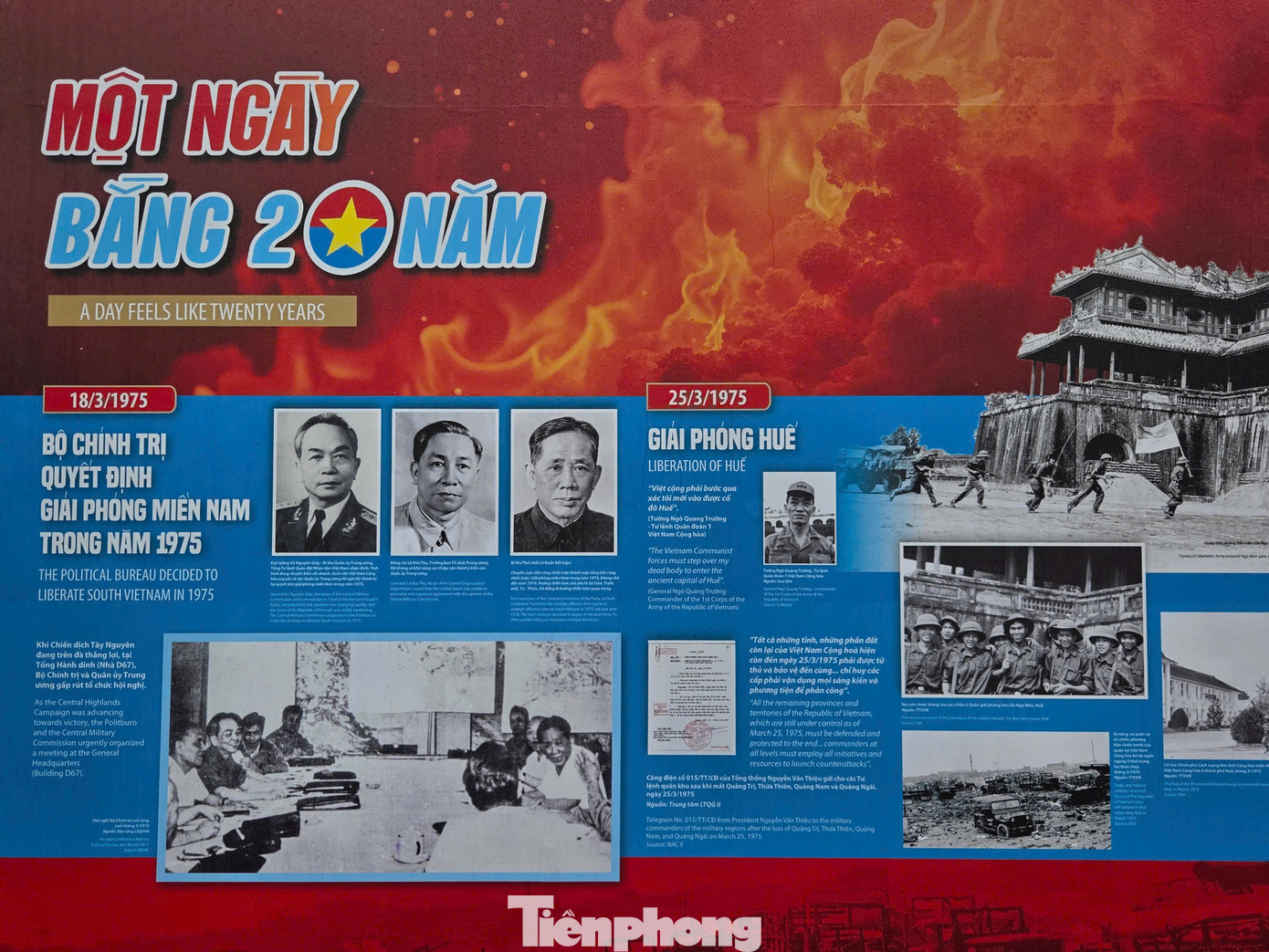 Những tài liệu trong Quyết định chiến lược của Tổng Hành dinh giới thiệu đến công chúng tình hình cách mạng nước ta từ sau Hiệp định Paris được ký kết năm 1973. Thông qua các tài liệu ở chủ đề Một ngày bằng 20 năm, công chúng, người tham quan triển lãm hiểu hơn về quá trình thực hiện cuộc Tổng tiến công và nổi dậy mùa xuân năm 1975 với nhịp độ “Một ngày bằng 20 năm”. Cuộc chiến đấu phát triển với tốc độ thần tốc, liên tiếp thắng lợi từ các chiến trường: Đường 14 - Phước Long, Tây Nguyên, Trị Thiên Huế, Đà Nẵng.