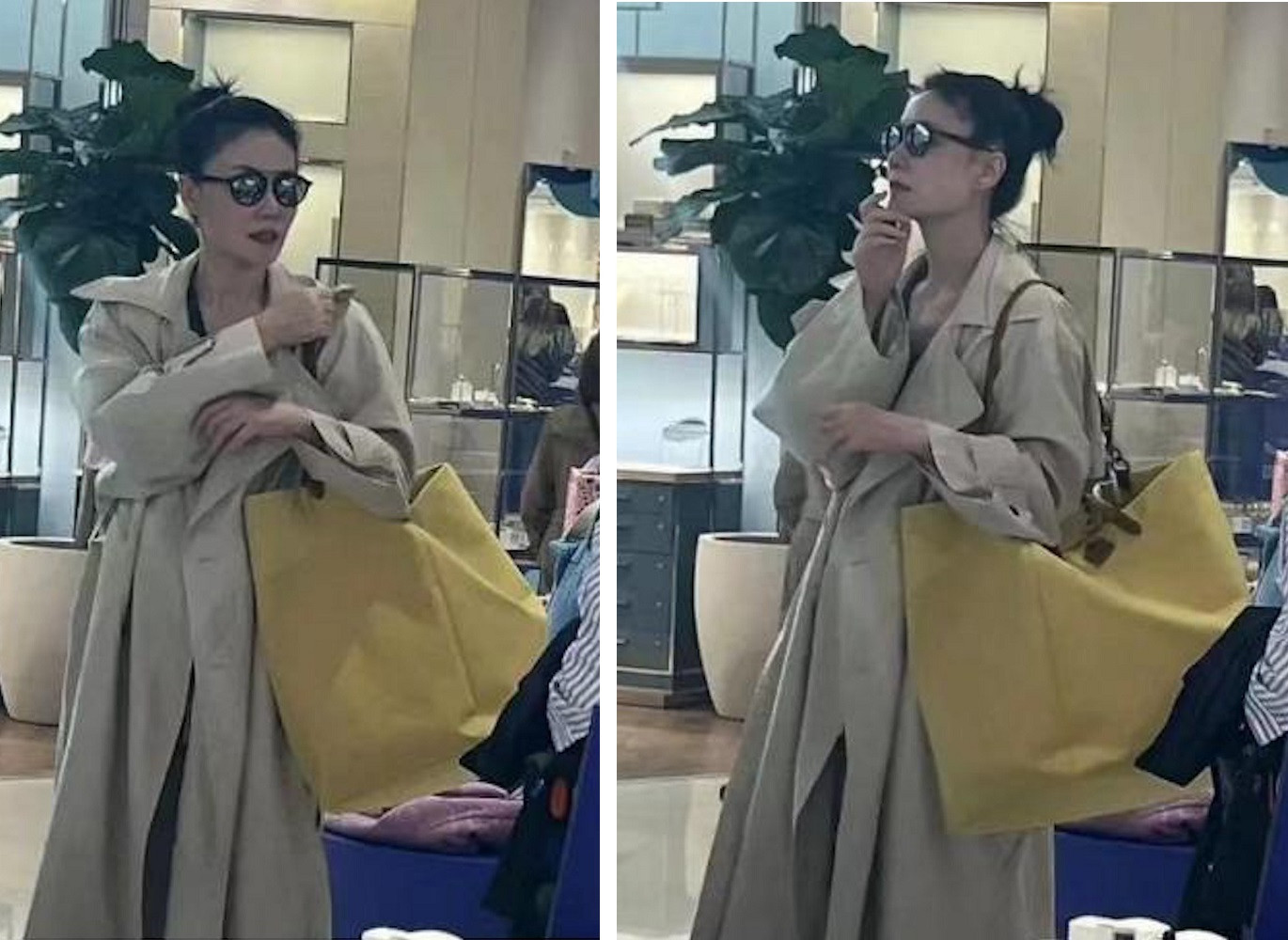 Vương Phi được nhìn thấy đi mua sắm ở Paris. Ảnh chụp lén kém chất lượng không giấu được khí chất thanh lịch, sang chảnh của Thiên hậu Hong Kong. Ảnh: HK01.