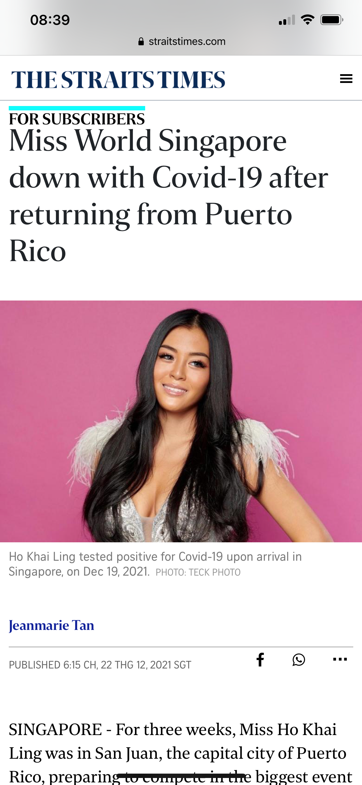 Tờ The Straitstimes của Singapore đưa tin Hoa hậu Singapore - Khai Ling Ho đã bị mắc COVID-19.