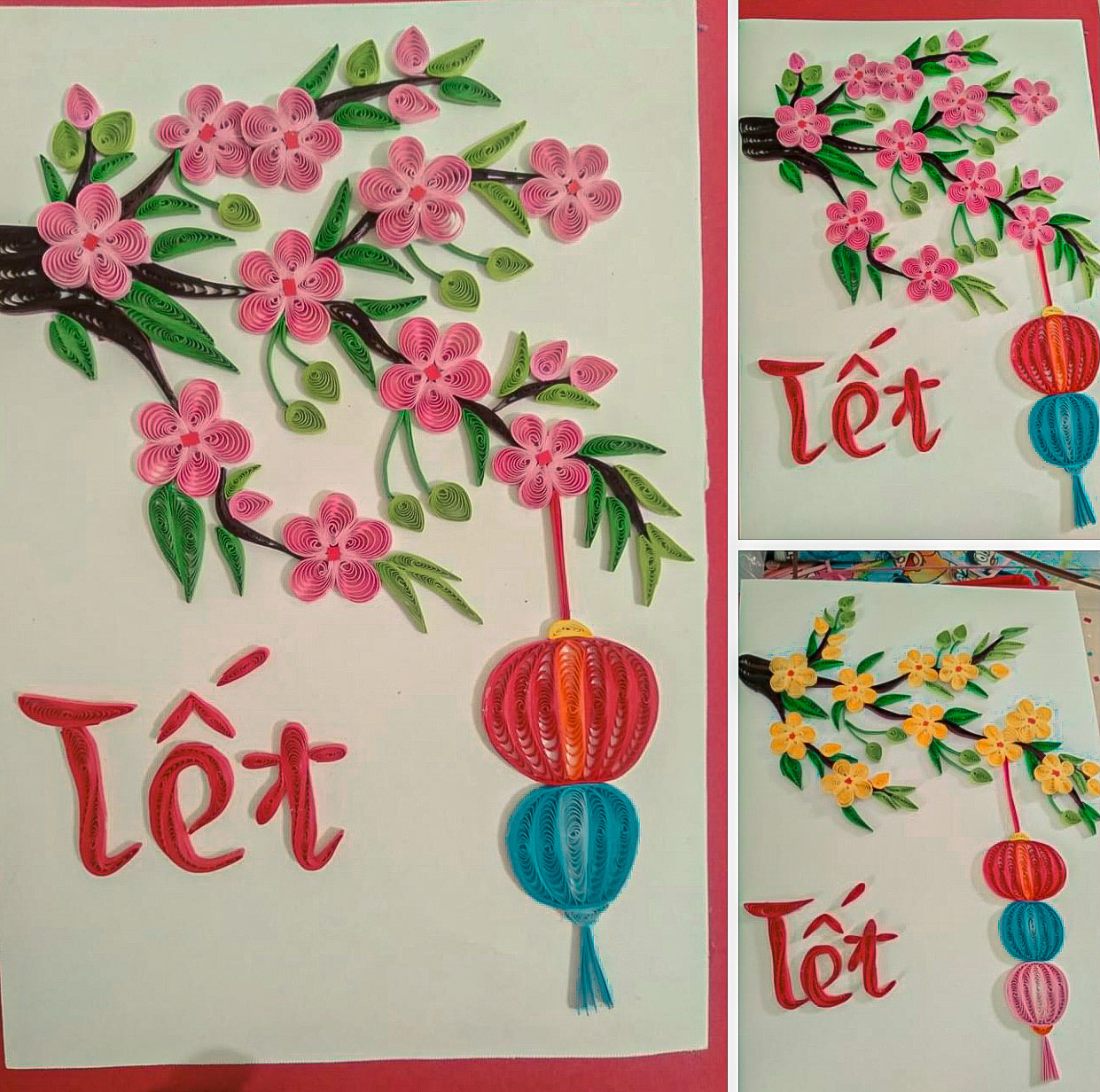 Những bức tranh bằng giấy xoắn theo chủ đề Tết rất mới lạ, bắt mắt do chị Láng tự tay làm ra.