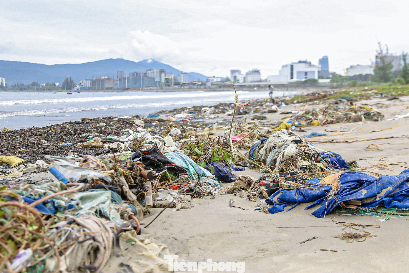 Dọc bờ biển số lượng lớn rác tấp vào bờ chủ yếu là chai nhựa, bao ni lon, kim tiêm...