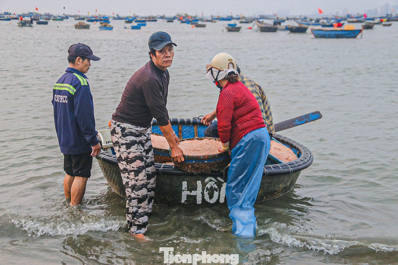 Những thúng ruốc đầy ắp đang được ngư dân đưa vào bờ sau khi đánh bắt.