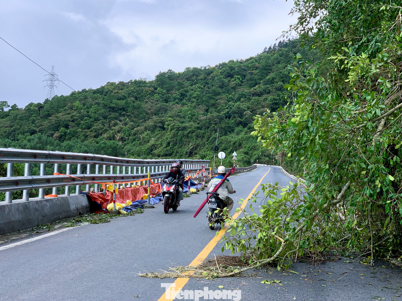 Cây xanh, trụ điện ngã đổ ra đường gây khó khăn cho nhiều phương tiện lưu thông.