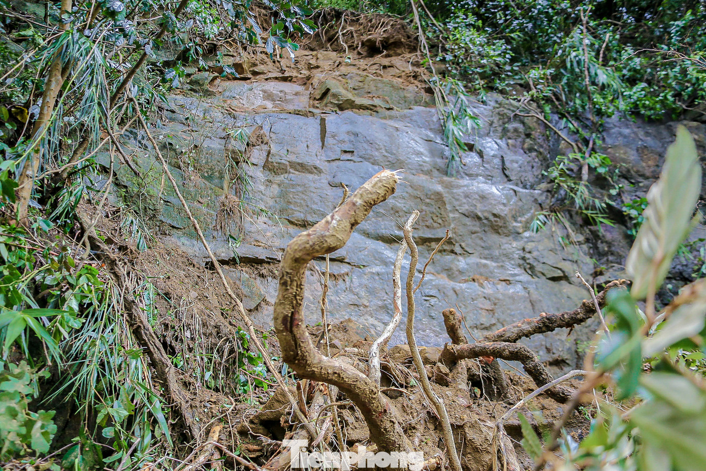 Đất đá từ các điểm sạt lở tràn xuống đường sau bão.