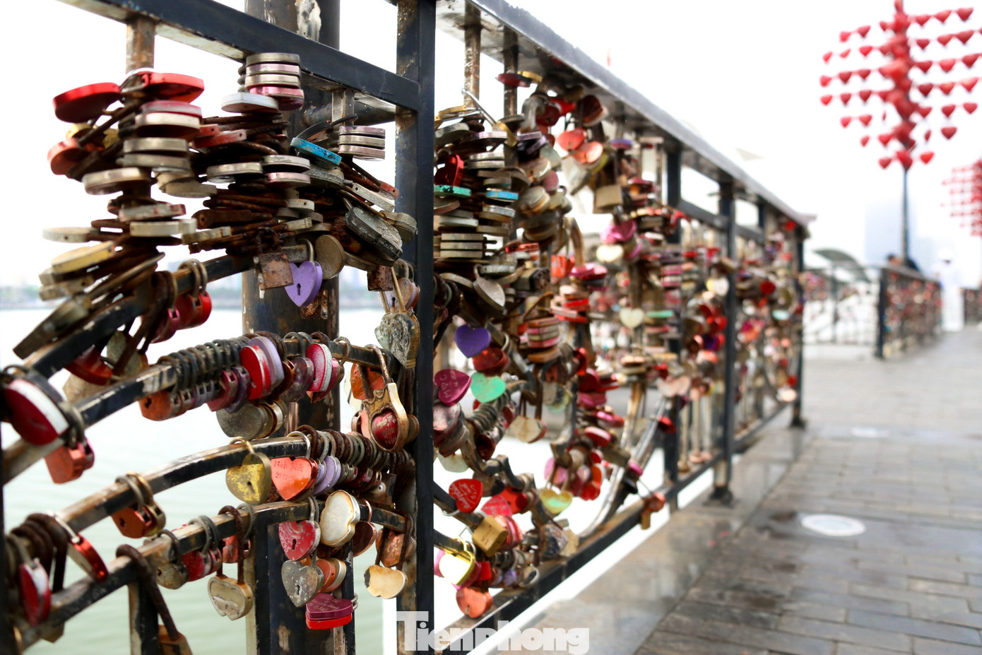 Chi chít ổ khóa được khóa chặt trên cầu tình yêu. Những chiếc khóa này không chỉ mang ý nghĩa tinh thần mà còn là một hành động chứng minh cho tình yêu bền vững, như một cách ghi dấu khoảnh khắc đặc biệt trong đời.