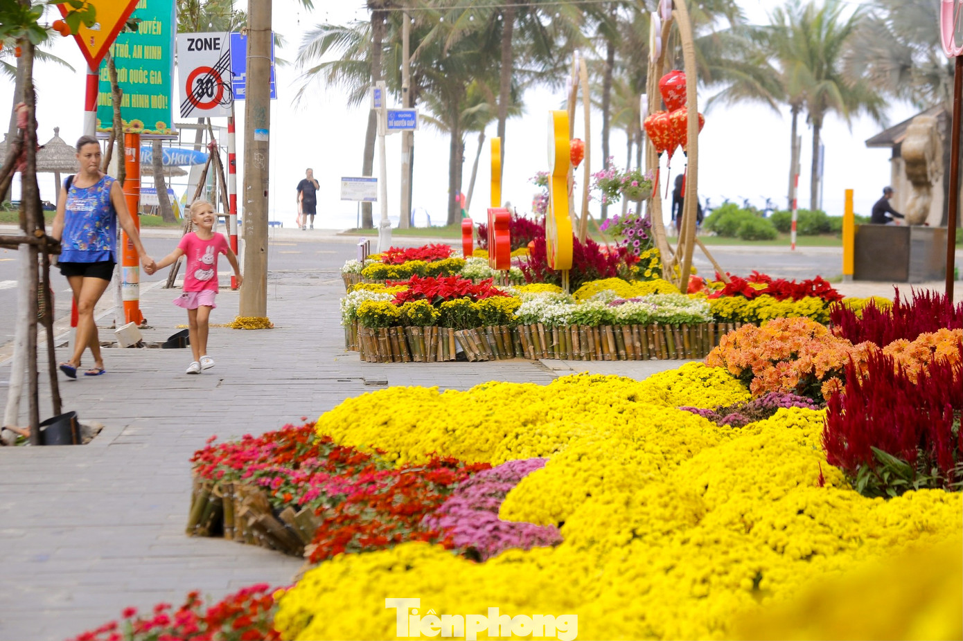 Du khách thích thú sải bước, đi dạo ngắm hoa tại phố đi bộ.