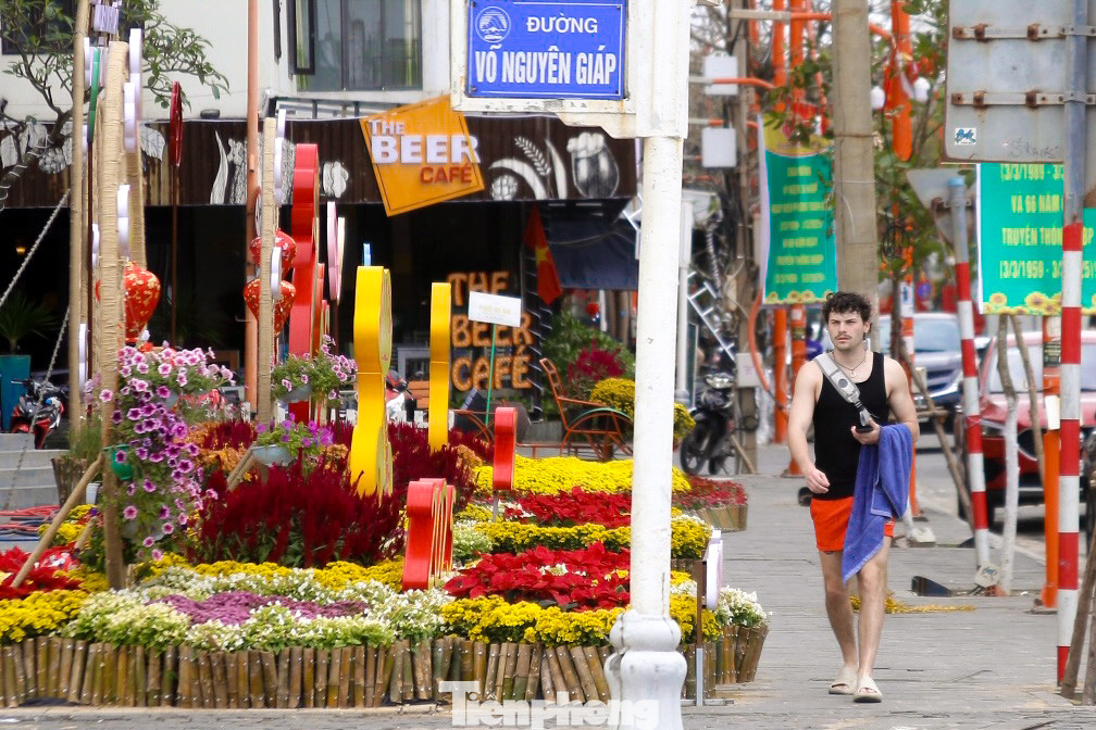 Du khách thích thú sải bước, đi dạo ngắm hoa tại phố đi bộ.