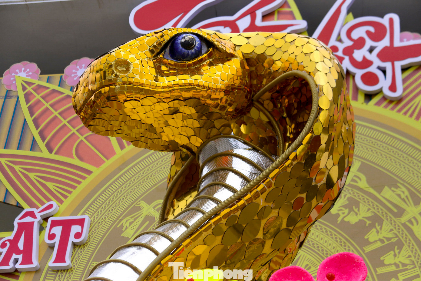 Đôi mắt của linh vật rắn được chế tác sắc nét, phía ngoài được dát vàng. Đôi mắt của linh vật rắn được chế tác sắc nét, phía ngoài được dát vàng.