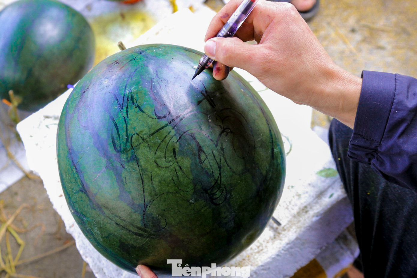 Định hình chữ trên quả dưa là công đoạn khó nhất, người thực hiện cần tỉ mỉ, cẩn thận.