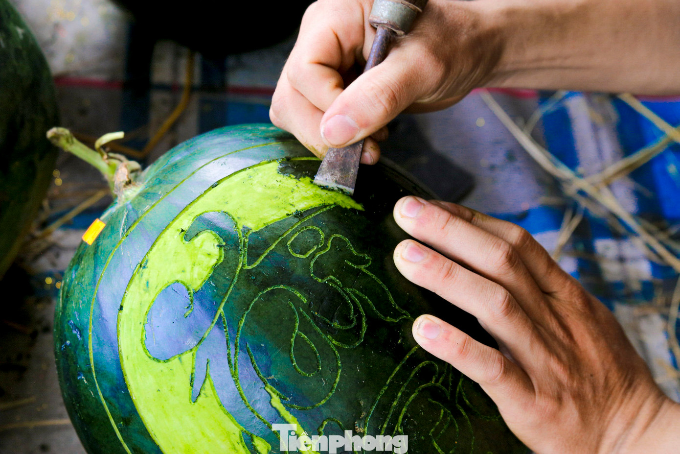 Định hình chữ trên quả dưa là công đoạn khó nhất, người thực hiện cần tỉ mỉ, cẩn thận.