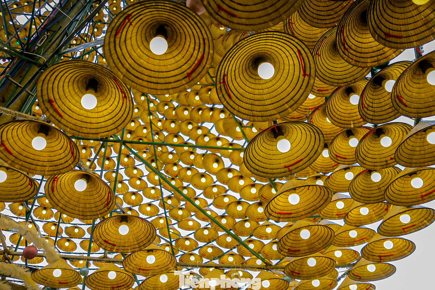 Các giáo dân đã khéo léo sắp xếp những chiếc nón thành hình cây thông vững chãi. Mỗi chiếc nón đều được trang trí thêm bóng đèn, dây kim tuyến, quả châu, và các họa tiết mang đậm màu sắc Giáng sinh, làm nổi bật vẻ đẹp rực rỡ, đầy sáng tạo. Các giáo dân đã khéo léo sắp xếp những chiếc nón thành hình cây thông vững chãi. Mỗi chiếc nón đều được trang trí thêm bóng đèn, dây kim tuyến, quả châu, và các họa tiết mang đậm màu sắc Giáng sinh, làm nổi bật vẻ đẹp rực rỡ, đầy sáng tạo.