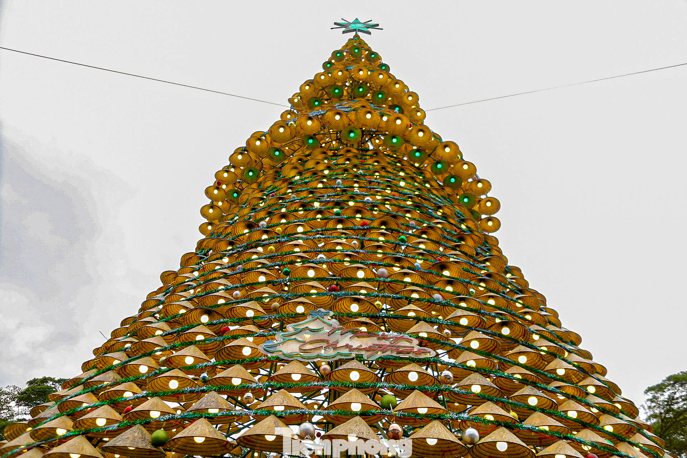 Các giáo dân đã khéo léo sắp xếp những chiếc nón thành hình cây thông vững chãi. Mỗi chiếc nón đều được trang trí thêm bóng đèn, dây kim tuyến, quả châu, và các họa tiết mang đậm màu sắc Giáng sinh, làm nổi bật vẻ đẹp rực rỡ, đầy sáng tạo. Các giáo dân đã khéo léo sắp xếp những chiếc nón thành hình cây thông vững chãi. Mỗi chiếc nón đều được trang trí thêm bóng đèn, dây kim tuyến, quả châu, và các họa tiết mang đậm màu sắc Giáng sinh, làm nổi bật vẻ đẹp rực rỡ, đầy sáng tạo.