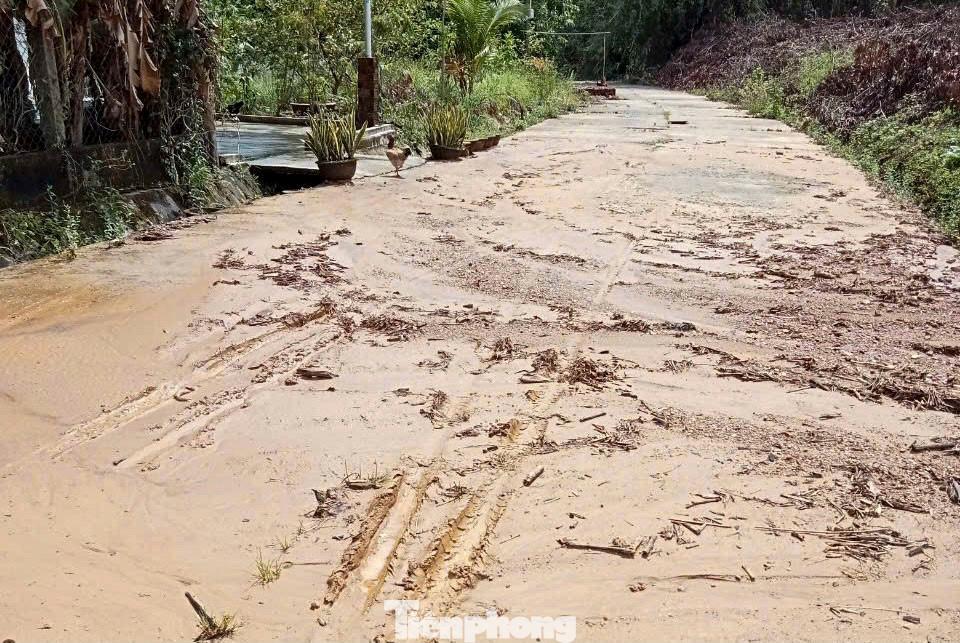 Một lớp bùn đất từ đồi núi tràn xuống đường nơi các hộ dân sinh sống trong đợt mưa lớn.