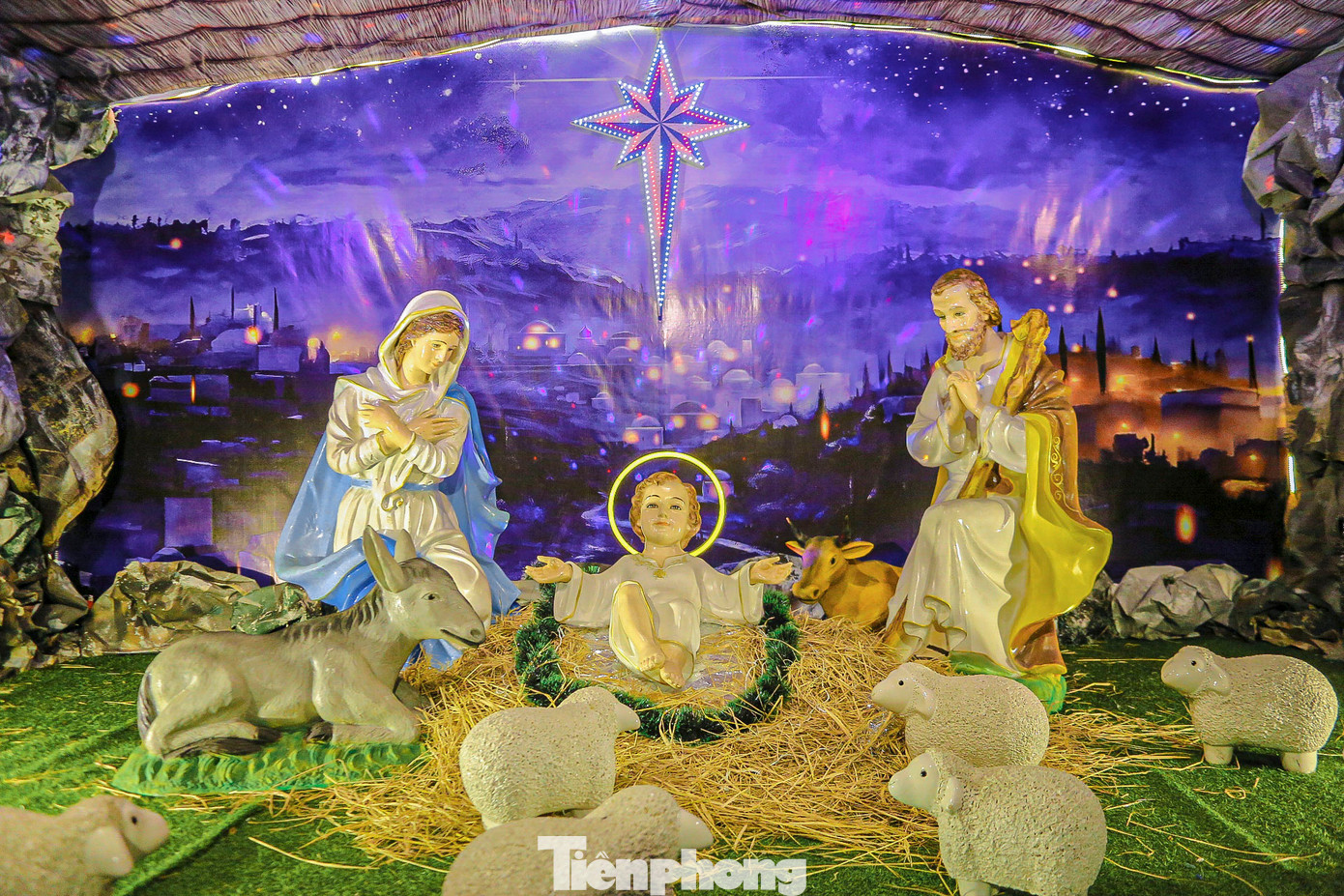 Khu vực sân nhà thờ được trang trí đơn giản với máng cỏ, những ngôi sao lấp lánh và các dải đèn nhiều màu sắc. Khu vực sân nhà thờ được trang trí đơn giản với máng cỏ, những ngôi sao lấp lánh và các dải đèn nhiều màu sắc.