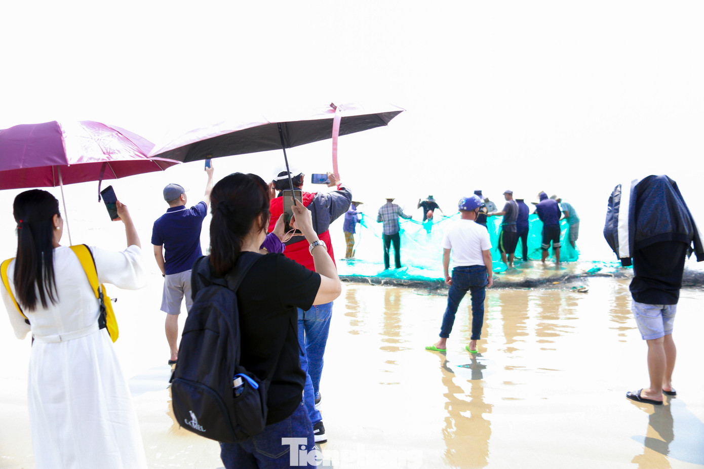 Nhiều du khách nước ngoài không giấu được sự thích thú khi lần đầu tiên trải nghiệm công việc kéo lưới của ngư dân vùng biển Đà Nẵng. Họ cùng nhau chụp ảnh để lưu giữ lại kỷ niệm khi đến Việt Nam.