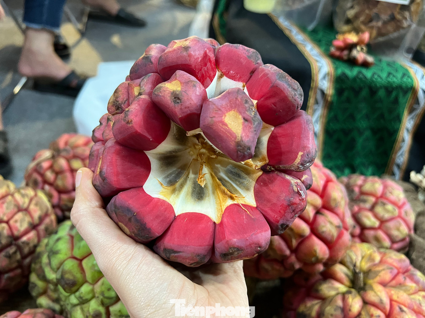 Chiều 28/9, tại Nhà thi đấu thể dục thể thao Phú Thọ (quận 11, TPHCM), tại nhiều khách hàng bất ngờ khi lần đầu tiên tận thấy những quả na rừng khổng lồ - một đặc sản của Tây Nguyên. Quả na có màu đỏ bắt mắt, nặng gần 3kg với những múi to. Na rừng đang bán tại hội chợ có giá 70.000 đồng/kg. Một quả nặng khoảng 2,5 – 3 kg, giá trên dưới 200.000 đồng/quả. Na rừng có thể ngâm với đường làm nước si-rô, hoặc ngâm rượu rất tốt cho sức khỏe.