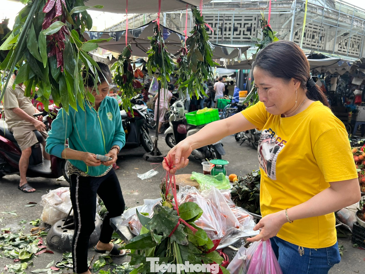 Lá xông được nhiều người mua treo trước cửa nhà dịp Tết Đoan Ngọ có ý nghĩa trừ tà ma, đem lại bình an, may mắn cho gia đình. Mỗi bó lá xông có giá khoảng 10.000 đồng gồm nhiều loại lá như xương rồng, đinh lăng, cành bưởi, lá chanh, ngải cứu, sả...