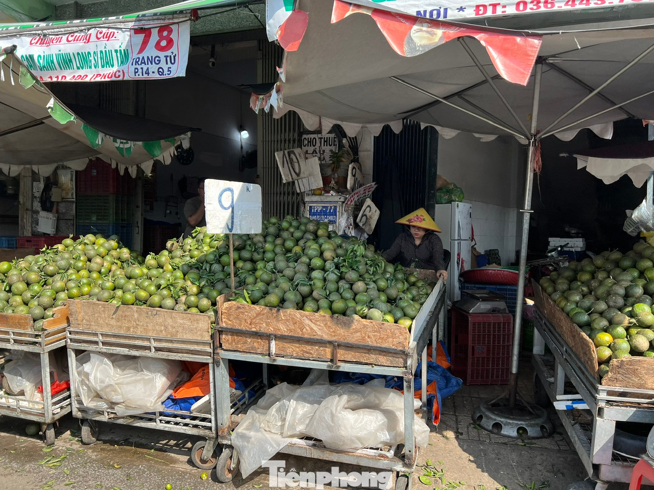 Tại khu chợ trái cây trên đường Trang Tử (quận 5), tiểu thương bán cam sành phân theo từng loại, cắm bảng niêm yết giá khác nhau, từ 8.000 - 11.000 đồng/kg. "Cam chúng tôi bán đều là hàng tuyển, bao ăn, cuống tươi mới hái. Quả cam to bằng nắm tay, một ký khoảng 3 - 4 quả. Tuy giá cam đang thuộc loại trái cây có giá rẻ nhất ở chợ nhưng khách mua khá ít" - chị Hồng, tiểu thương bán cam nói. Tại khu chợ trái cây trên đường Trang Tử (quận 5), tiểu thương bán cam sành phân theo từng loại, cắm bảng niêm yết giá khác nhau, từ 8.000 - 11.000 đồng/kg. "Cam chúng tôi bán đều là hàng tuyển, bao ăn, cuống tươi mới hái. Quả cam to bằng nắm tay, một ký khoảng 3 - 4 quả. Tuy giá cam đang thuộc loại trái cây có giá rẻ nhất ở chợ nhưng khách mua khá ít" - chị Hồng, tiểu thương bán cam nói.