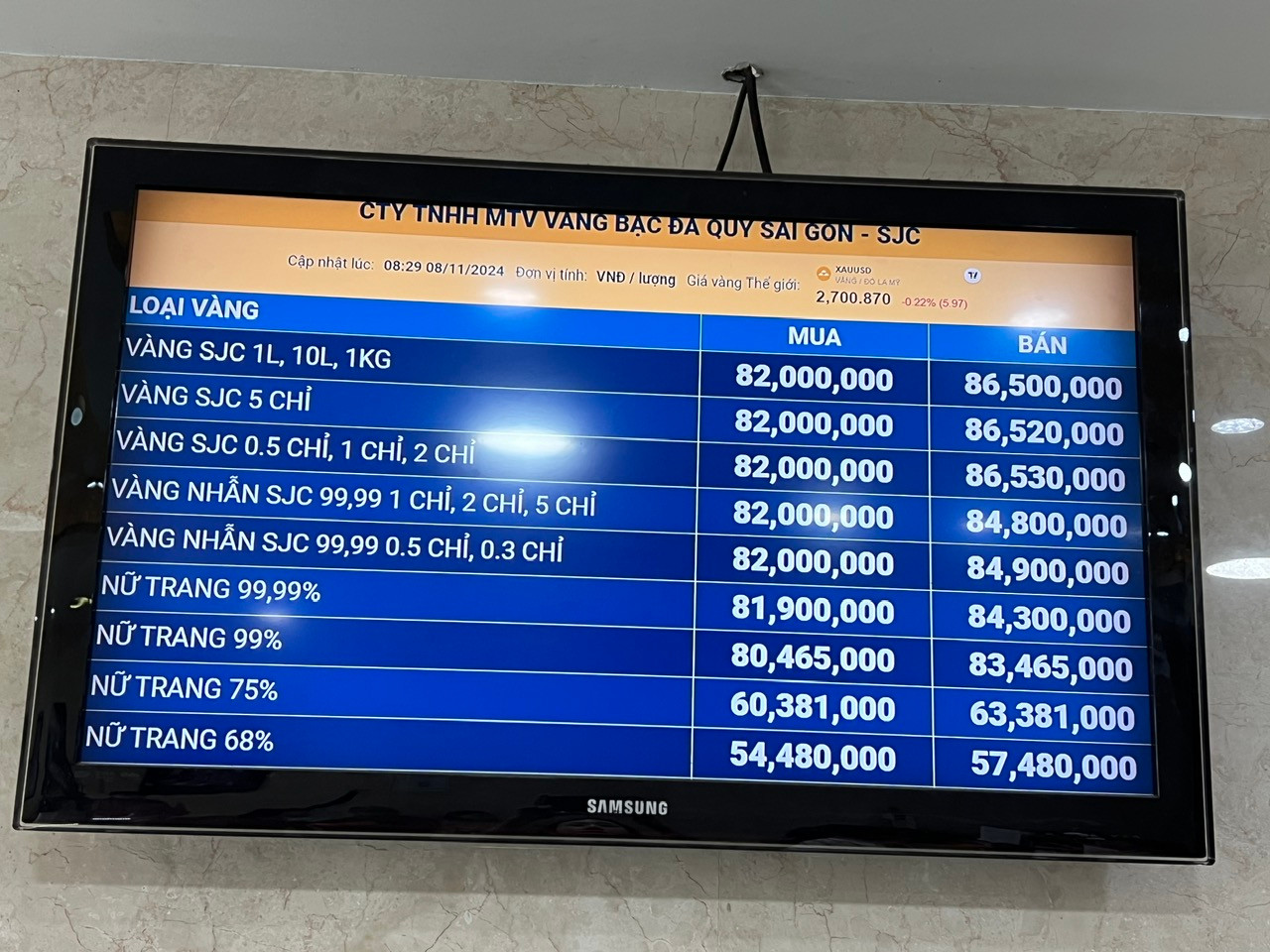 Bảng giá vàng trong phiên giao dịch sáng 8/11.