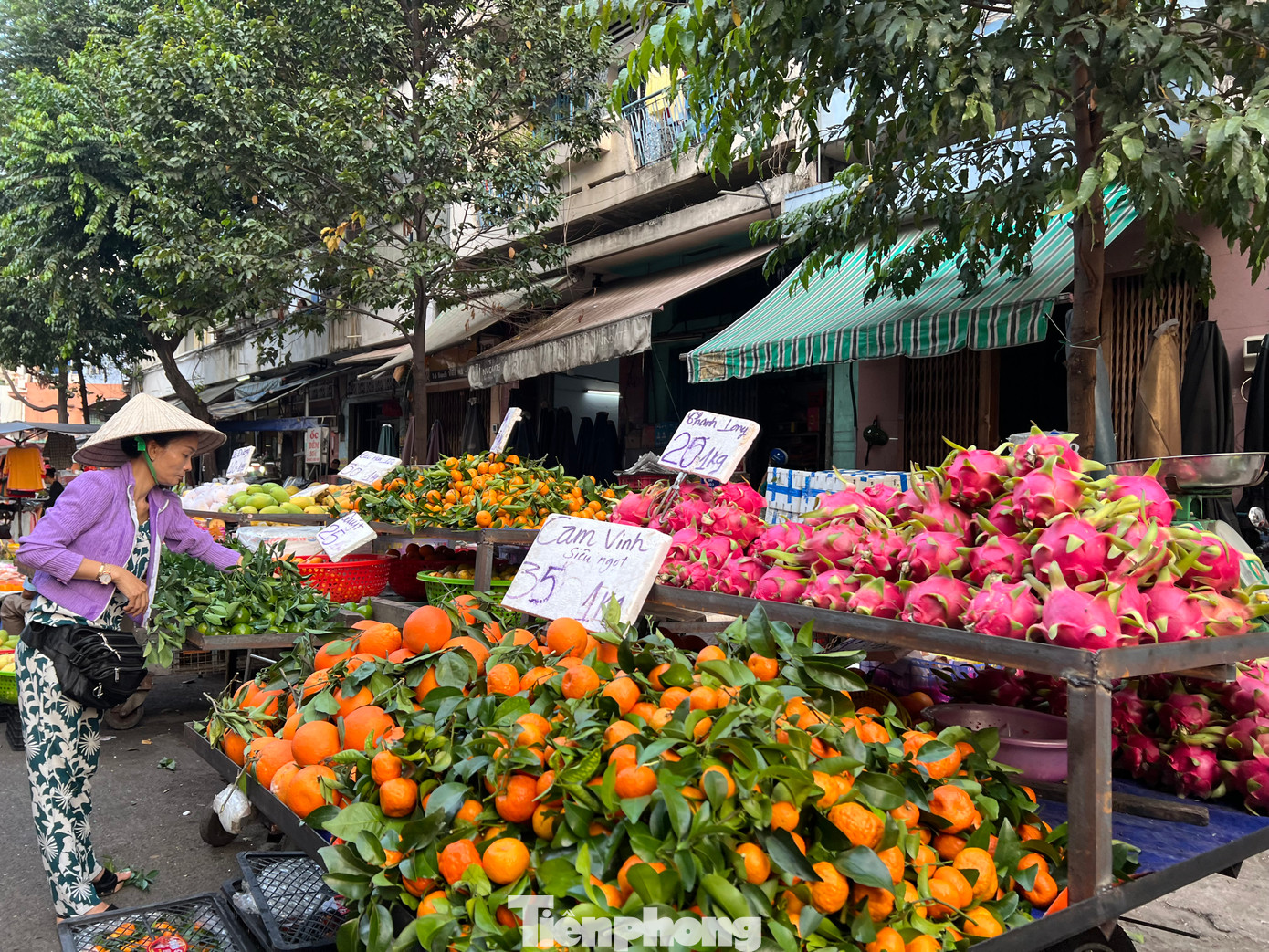 Trái cây dành bày mâm ngũ quả, cúng bàn thờ được nhập về chợ rất tươi ngon, giá khá mềm như thành long 20.000 đồng/kg, cam Vinh 35.000 đồng/kg, quýt đường 45.000 đồng/kg...