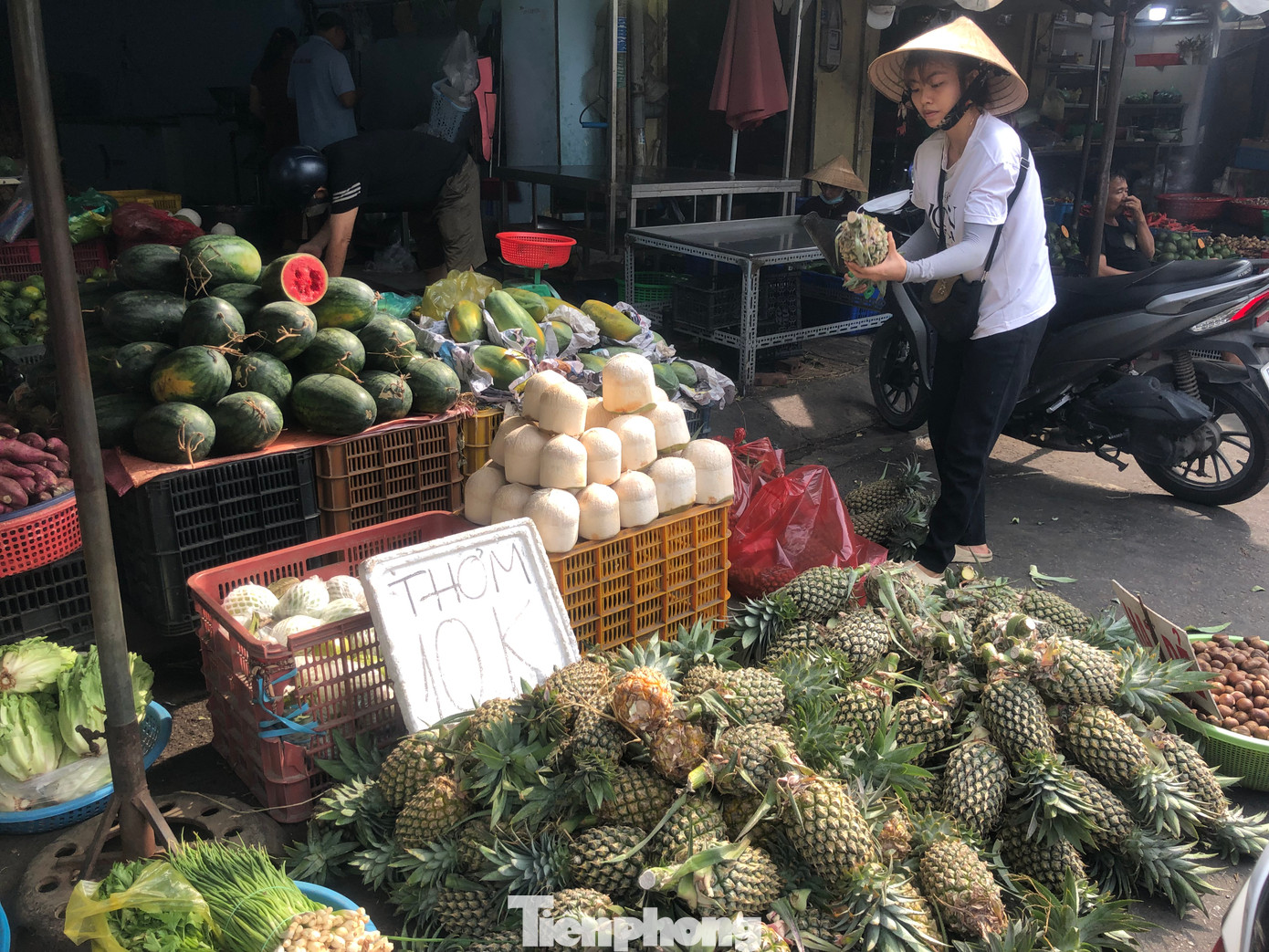 Thơm (khóm) cũng vào mùa, giá chỉ từ 10.000 - 14.000 đồng/kg; dưa hấu 10.000 đồng/kg, dừa tươi 20.000 đồng/3 trái...