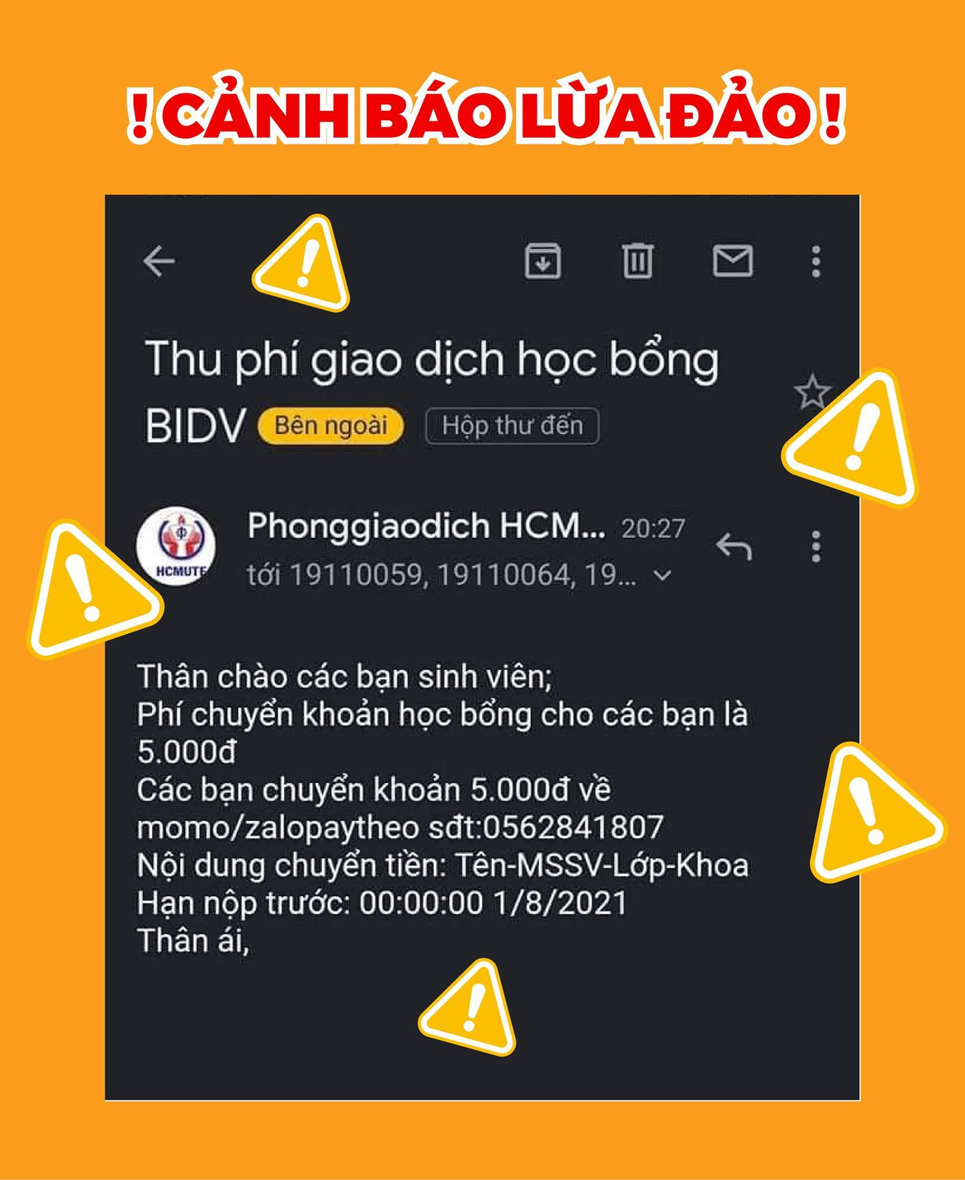Trường ĐH Sư phạm Kỹ thuật TP. HCM từng phải thông báo rộng rãi về trường hợp mạo danh thu phí giao dịch học bổng. Trường ĐH Sư phạm Kỹ thuật TP. HCM từng phải thông báo rộng rãi về trường hợp mạo danh thu phí giao dịch học bổng.