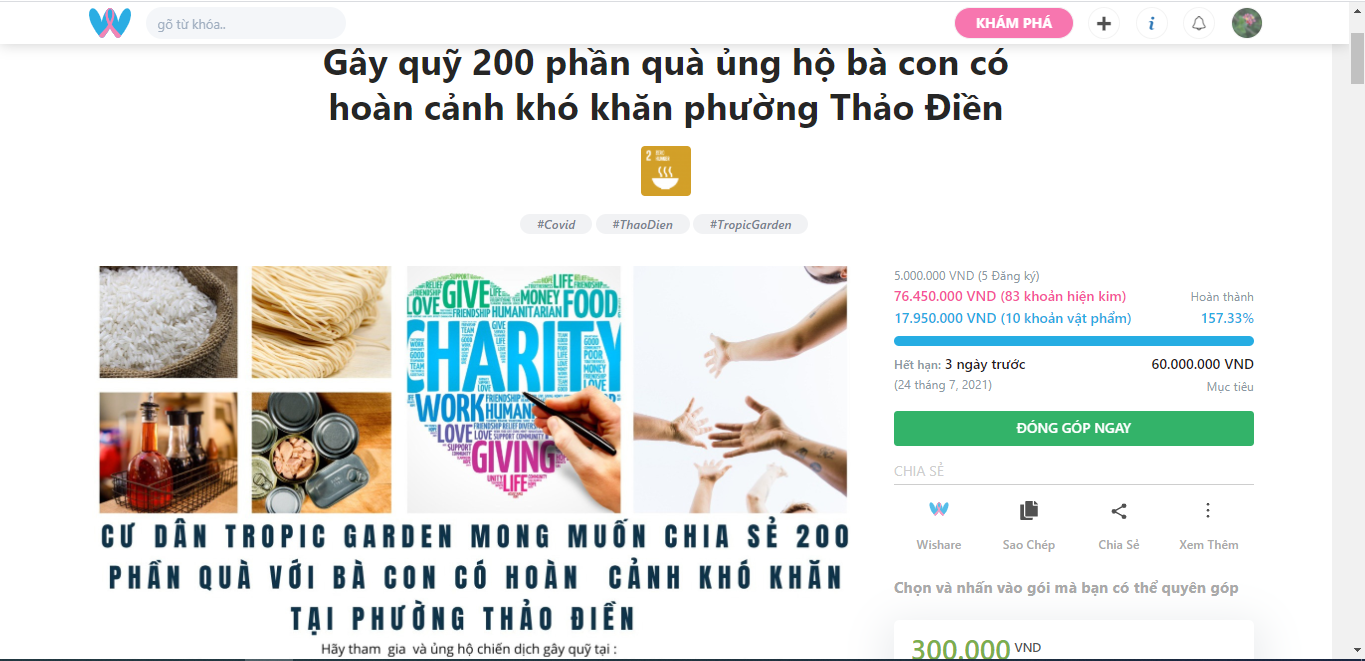 Một hoạt động quyên góp hỗ trợ cho người khó khăn được tổ chức qua Wishare.