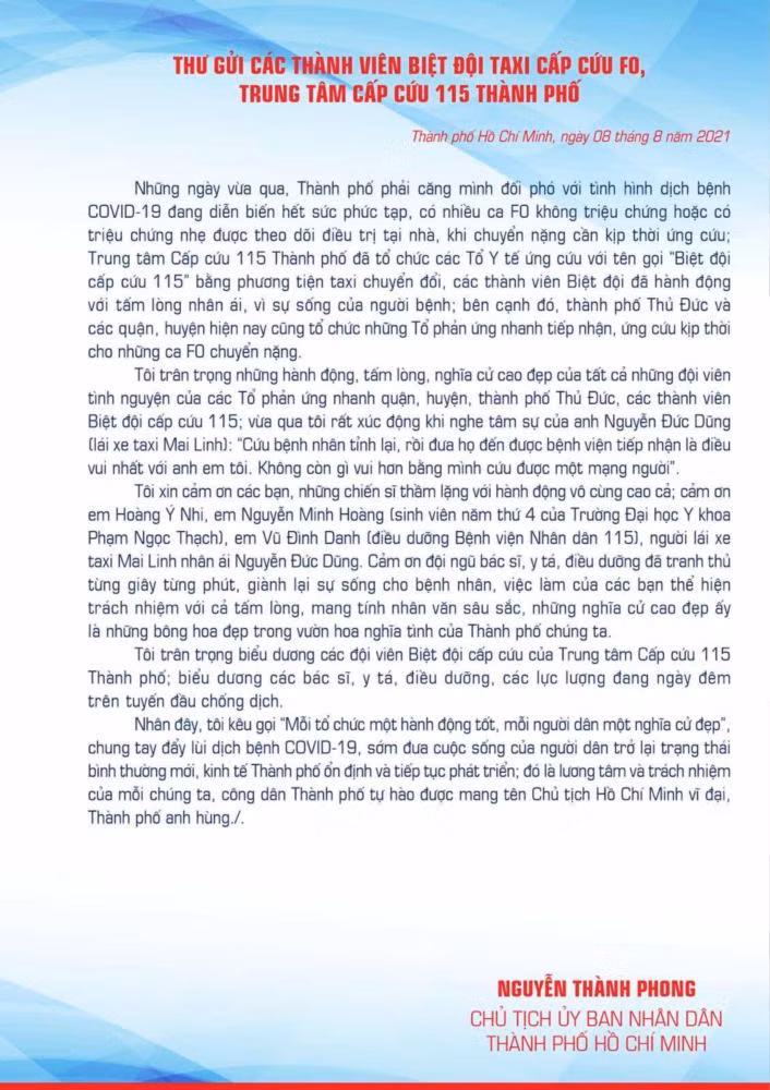 Thư của Chủ tịch UBND TP. HCM gửi các thành viên đội Taxi cấp cứu F0. Thư của Chủ tịch UBND TP. HCM gửi các thành viên đội Taxi cấp cứu F0.
