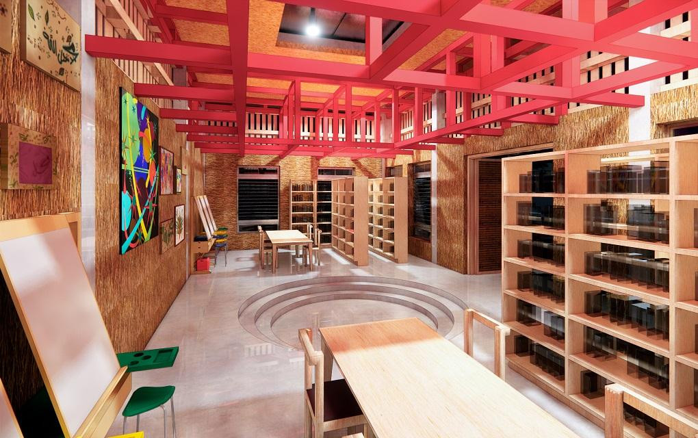 Không gian bên trong thư viện được làm từ những vật liệu sẵn có, thân thiện môi trường. Không gian bên trong thư viện được làm từ những vật liệu sẵn có, thân thiện môi trường.