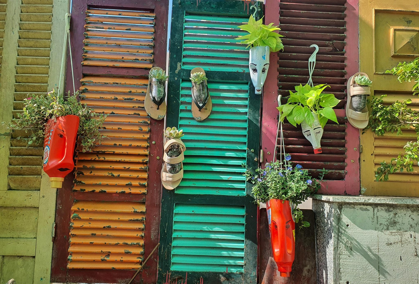 Giày dép, chai nhựa trở thành những chậu cây xinh xắn.