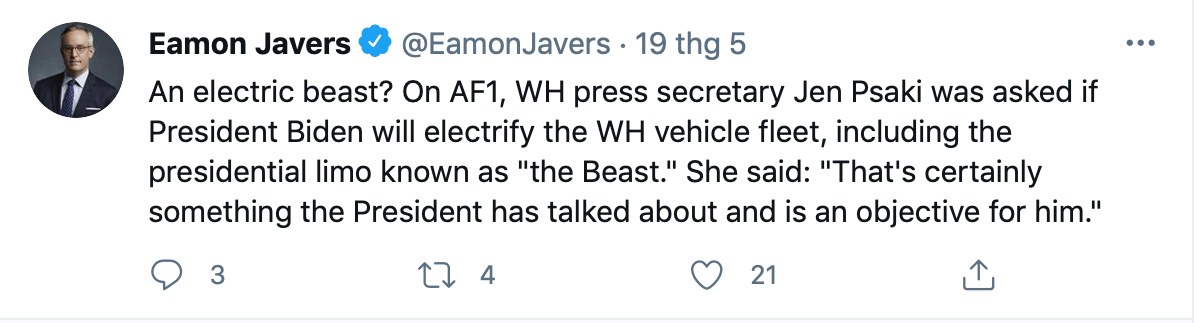 Thư ký báo chí của Nhà Trắng khẳng định Joe Biden sẽ lập kế hoạch điện khí hóa 'The Beast'