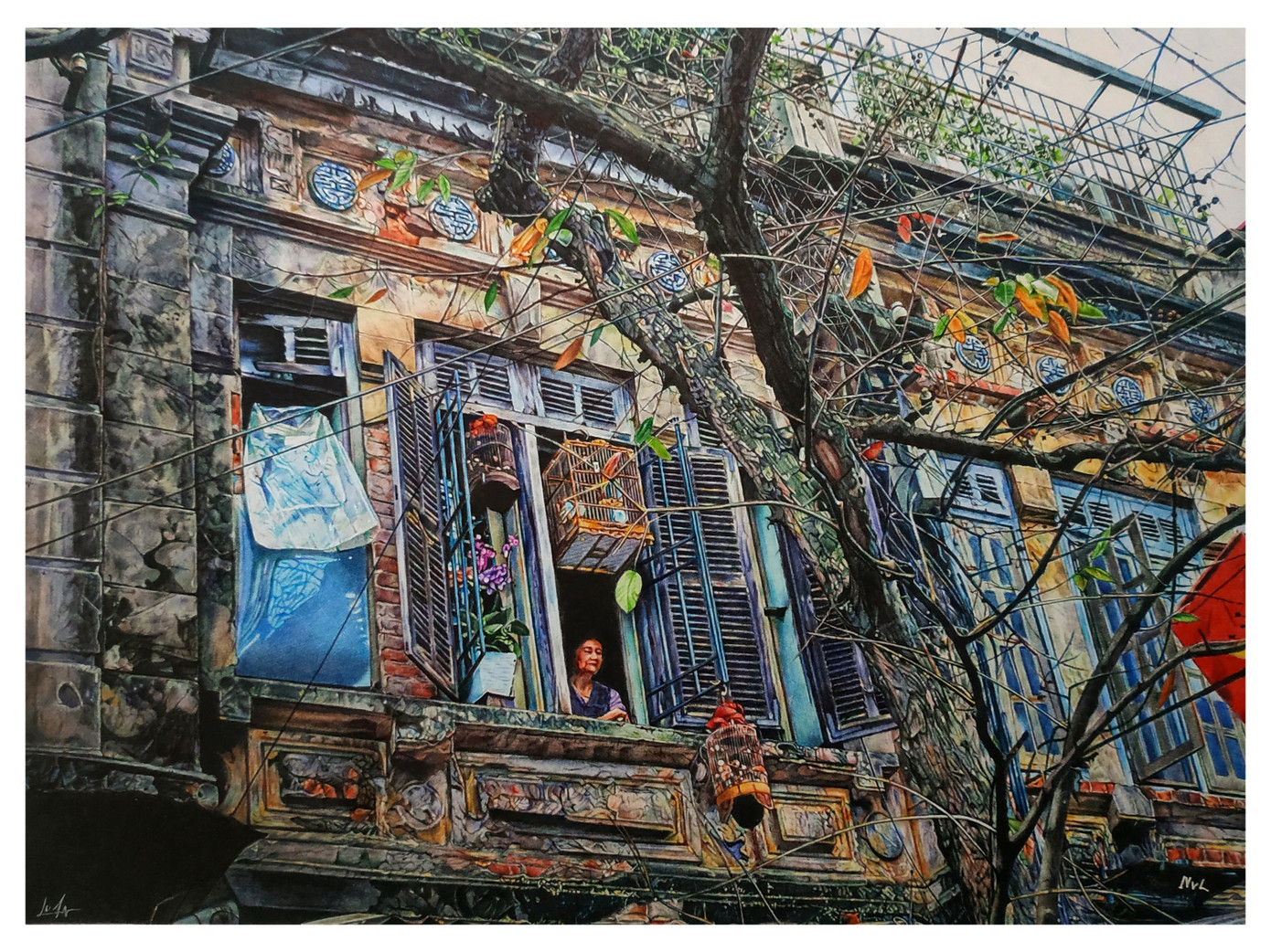 Họa sĩ Nguyễn Văn Luận có niềm đam mê đặc biệt với những ngôi nhà trên phố cổ. Anh thường đạp xe quanh phố, 'ghi' lại những khoảnh khắc đẹp, những mảng màu ấn tượng rồi tái hiện lại bằng bút bi. Bức tranh "Ô cửa trên phố Nguyễn Siêu" cũng bắt nguồn từ đó.