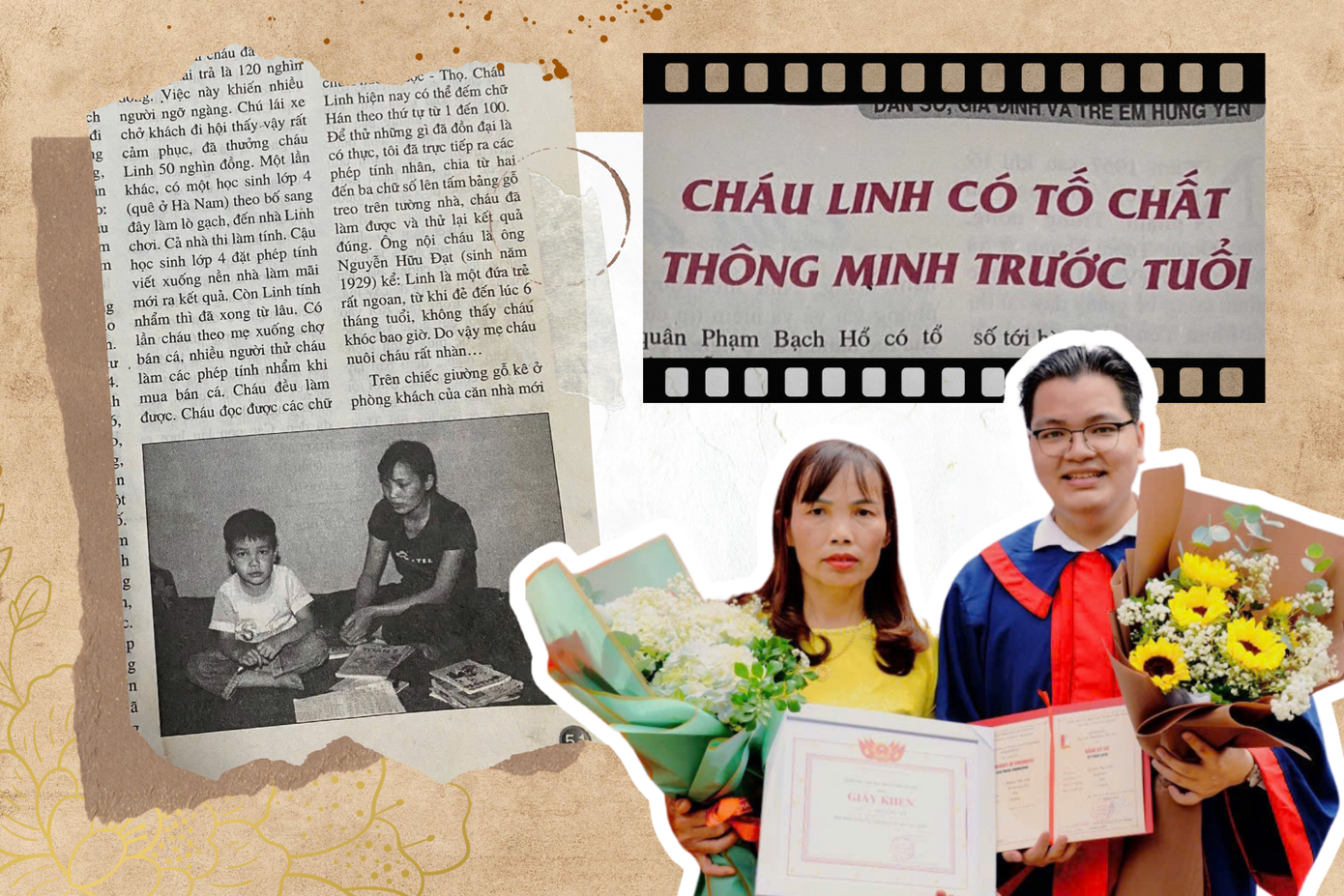 Duy Linh cùng mẹ xuất hiện trên báo vào năm 2006 và tại lễ tốt nghiệp đại học hồi tháng 5/2024.