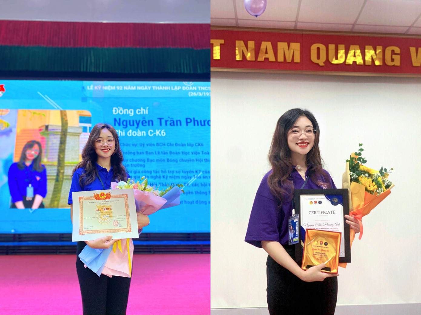 Phương Anh đạt được nhiều giải thưởng và giấy khen từ Đoàn Học viện Tòa án.