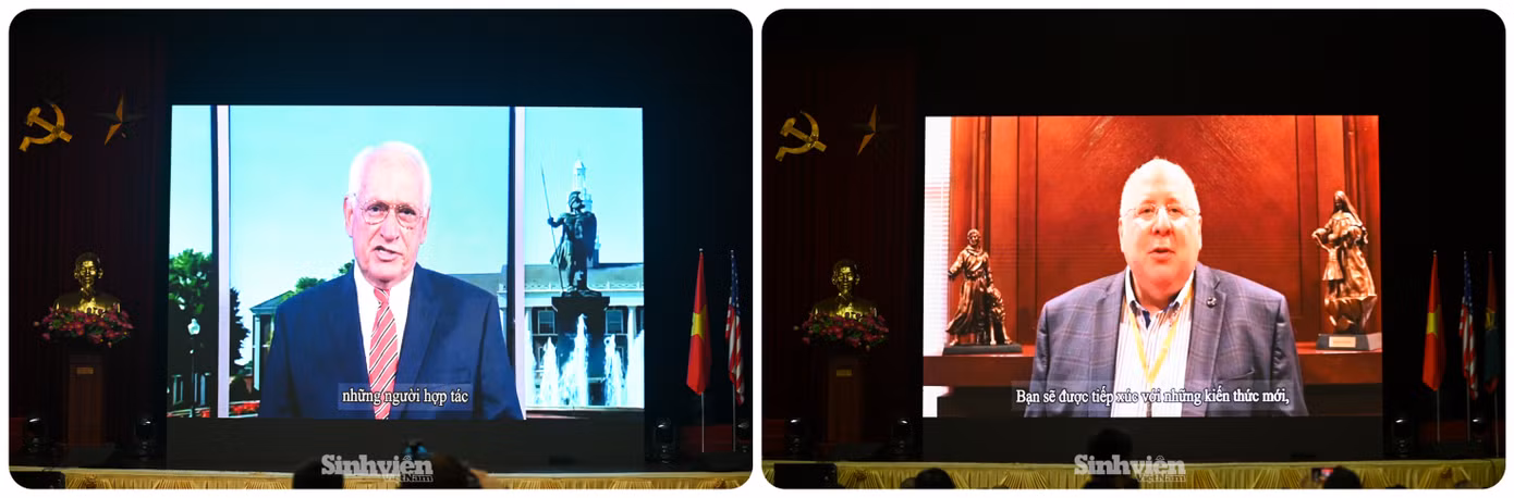 TS. Jack Hawkins - Hiệu trưởng Trường Đại học Troy và ông Arvid Johnson - Chủ tịch Đại học St. Francis gửi lời chúc mừng và động viên tới các tân sinh viên. TS. Jack Hawkins - Hiệu trưởng Trường Đại học Troy và ông Arvid Johnson - Chủ tịch Đại học St. Francis gửi lời chúc mừng và động viên tới các tân sinh viên.