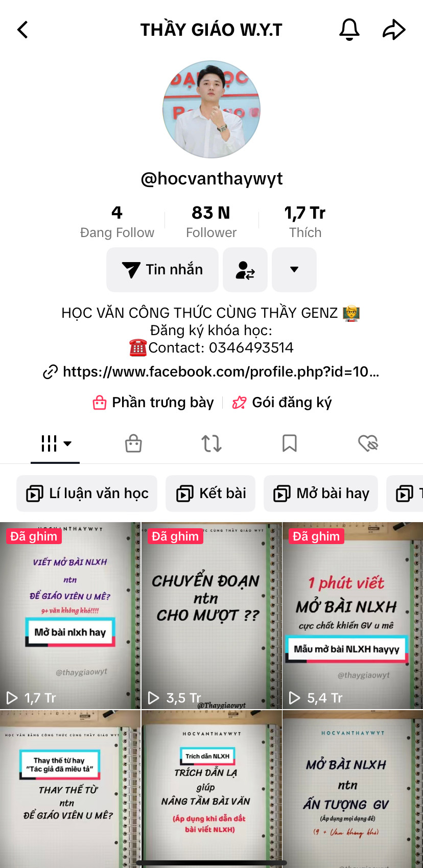 Kênh TikTok về Văn học với 83 nghìn lượt follow và rất nhiều video đạt triệu view.