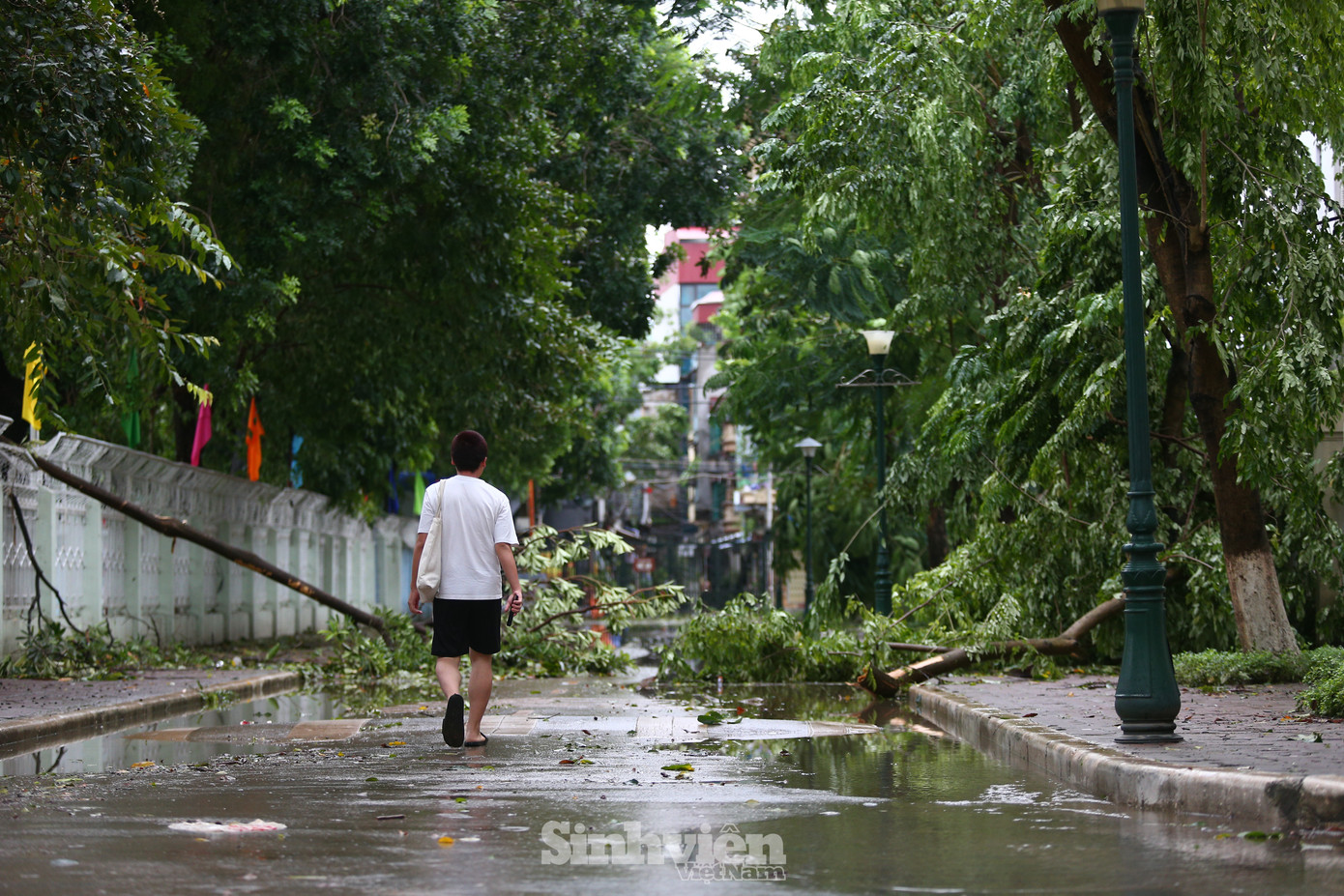 Quanh cảnh hoang tàn tại HANU, khu vực KTX của trường cũng bị gió bão làm vỡ kính.