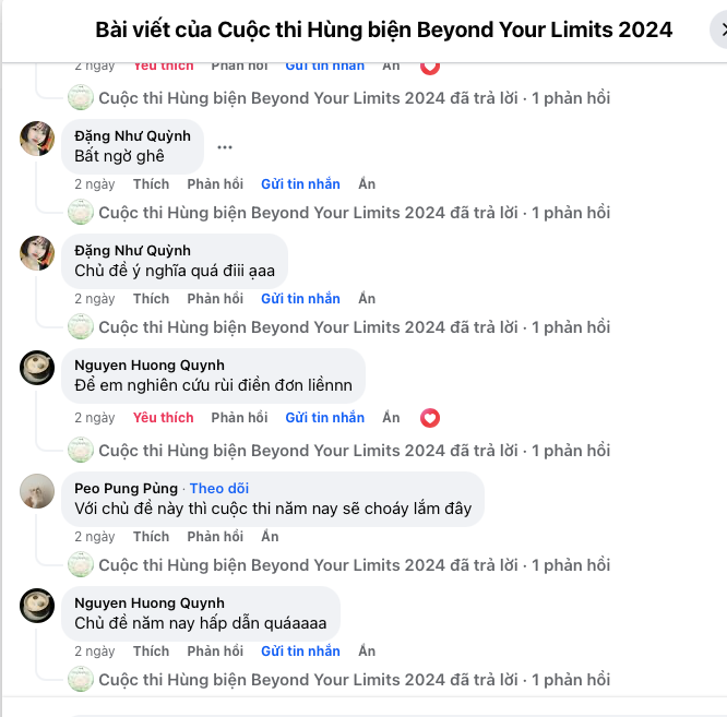 Một số bình luận đầy thích thú từ các bạn trẻ dưới bài đăng của cuộc thi. Một số bình luận đầy thích thú từ các bạn trẻ dưới bài đăng của cuộc thi.